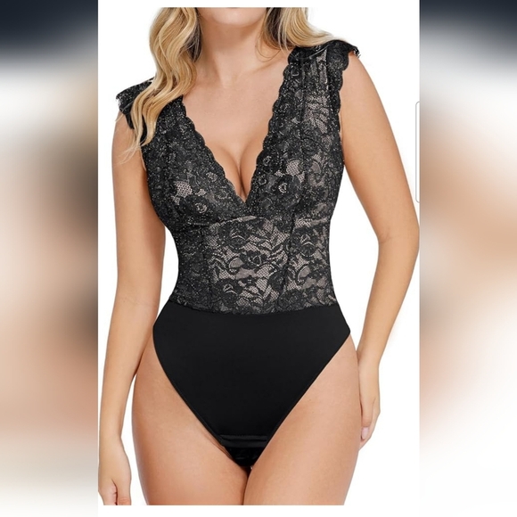 Popilush Black Lace Cap Sleeve Shapewear Tummy Control Bodysuit Size 3XL - Picture 1 of 11